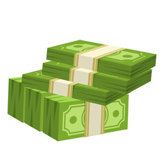 Stacks of green money bundles with beige straps on a white background. Concept of wealth, savings, and financial success. Vector illustration
