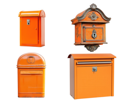 Bright orange mailboxes in various styles, showcasing unique designs and textures. These vibrant mail receptacles add pop of color to any setting, perfect for enhancing curb appeal