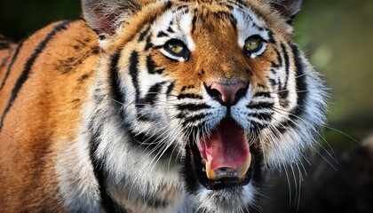 Naklejka premium Powerful Tigers Yawn Showcasing Sharp Teeth and Intense Stare, Caught on Camera in Serene Wilderness at Twilight