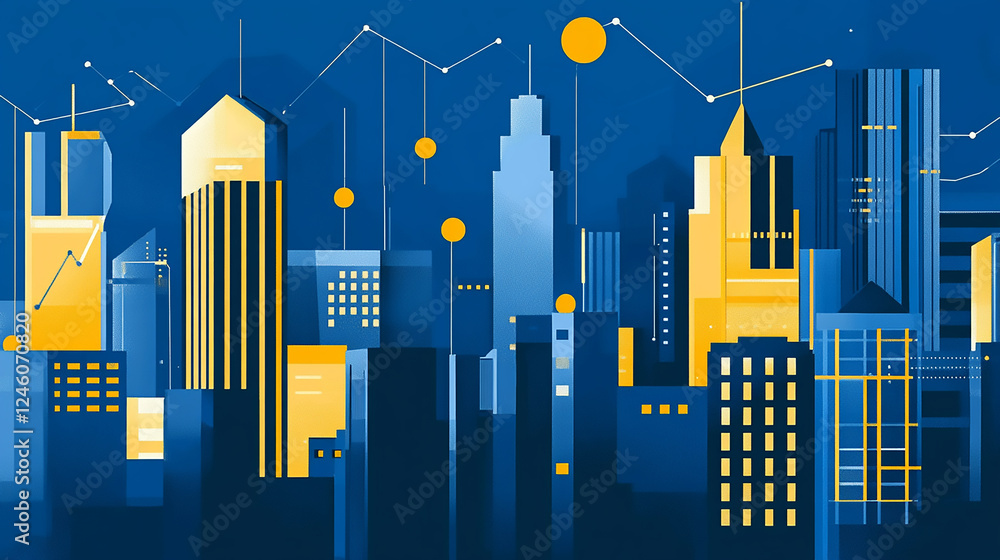 Poster a modern office with a large monitor displaying data and graphs digital marketing and communication 