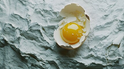 A dramatic shot of a cracked egg placed on a surface, with pieces of eggshell spread out in different directions. The golden yolk and translucent egg white create a striking contrast against the