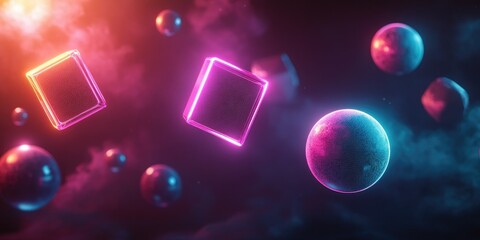 Fototapeta premium A 3D-rendered abstract banner featuring floating cubes, spheres, and neon light streaks against a dark gradient background, copy space background