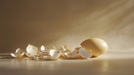 A dramatic shot of a cracked egg placed on a surface, with pieces of eggshell spread out in different directions. The golden yolk and translucent egg white create a striking contrast against the