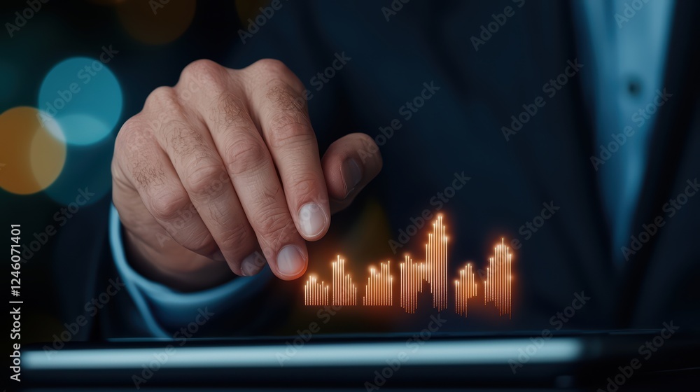 Poster businessman hand touching digital graph data representation display