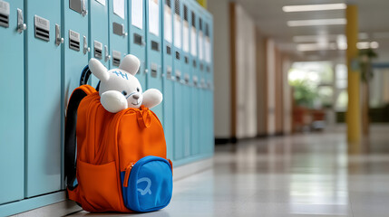 Colorful backpack with a plush toy resting against lockers in a school hallway during daytime