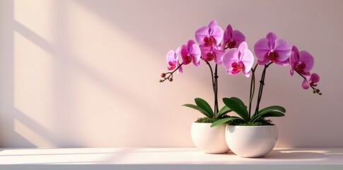 Fototapeta premium Pair of Pink Orchids in White Pots Basking in Sunlight on a Shelf