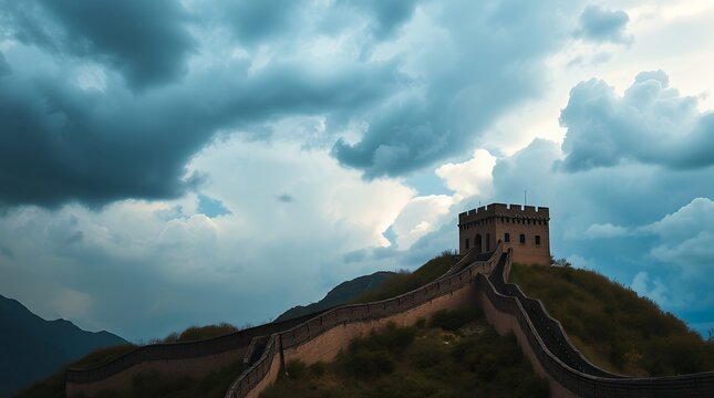 A dramatic stormy sky above the Great Wall of China is depicted in vivid colors, highlighting its strong silhouette against the fierce