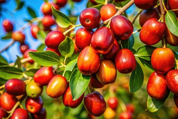 Ripe red jujubes cling to the branch, a candid autumn harvest closeup.