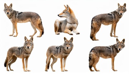 Striking Set of Isolated Coyotes in Different Poses on Transparent Background, Showcasing a Desert Landscapes Majesty and Wildlifes Graceful Elegance.