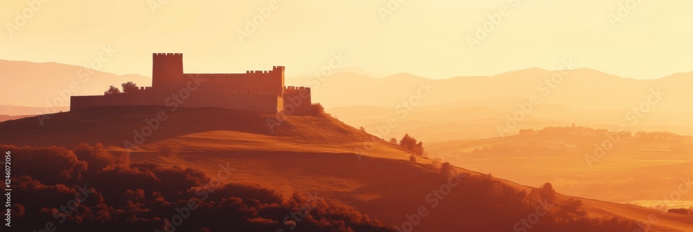 Poster minimalist view of an ancient castle on a hilltop with a soft sunset glow illuminating the landscape