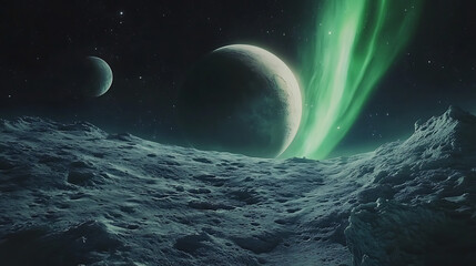 dramatic cosmic vista showcasing a group of Jovian moons orbiting a giant planet with vivid