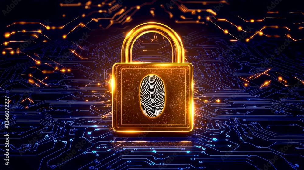 Poster cyber security: digital fingerprint lock on circuit board. a glowing padlock symbolizes online data 
