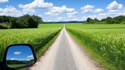 Golden wheat sways gently in the breeze, while a clear blue sky filled with clouds creates a tranquil atmosphere near the road