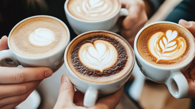 A group of friends enjoying coffee together at a modern cafe with smiles and cups raised, soft natural light - Powered by Adobe