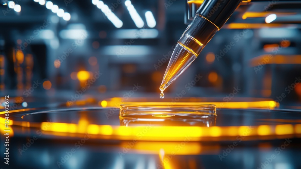 Aufkleber microscopic view of a droplet forming from a pen tip in a high-tech laboratory setting with glowing 