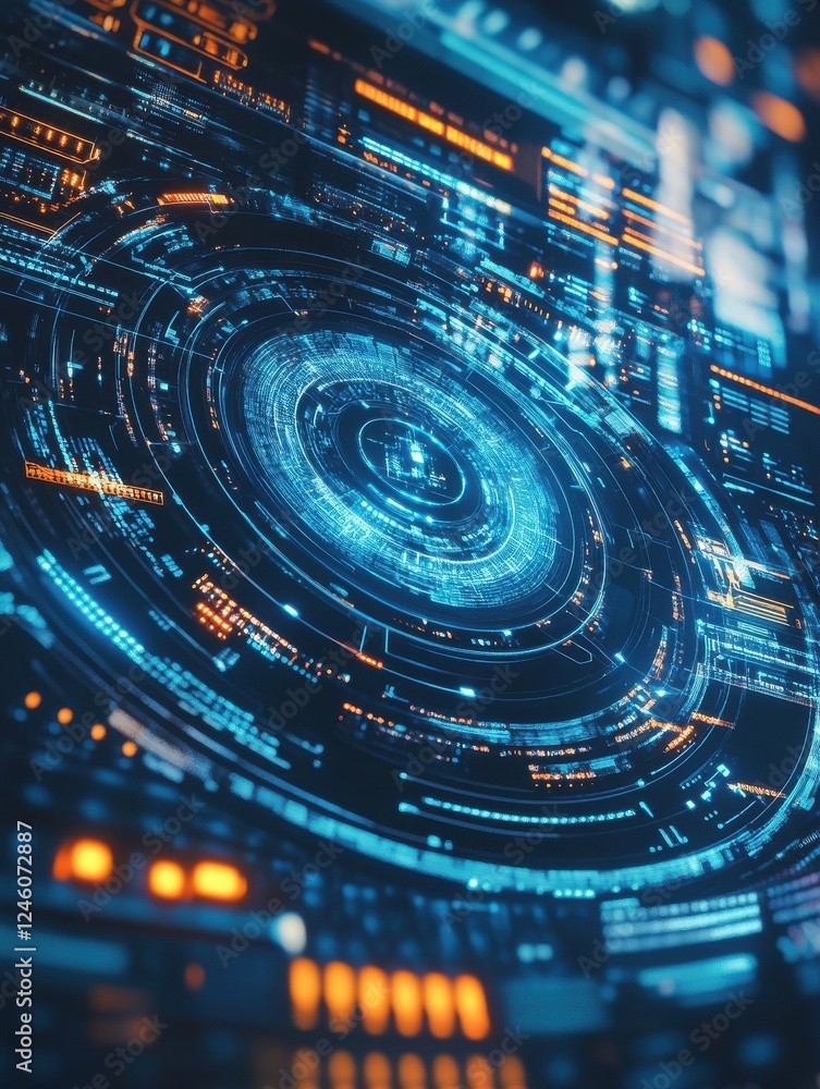 Poster an abstract blue tech interface with a circular design and digital components, perfect for concepts 