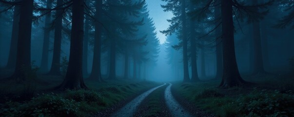 Fototapeta premium Path unwinds through darkness of misty woods under starry sky, misty forest, stars, fog