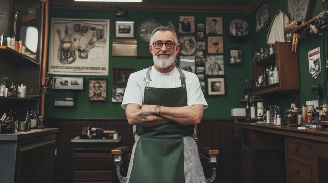 Barber smiling in vintage barbershop