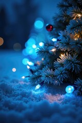 Fototapeta premium Twinkling blue lights adorn a festive holiday scene on white background, festively lit, twinkling lights, winter wonderland