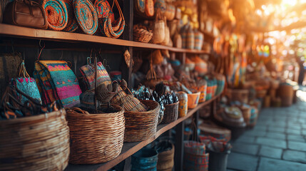 Beautifully arranged handicraft stall with handmade ethnic woven goods