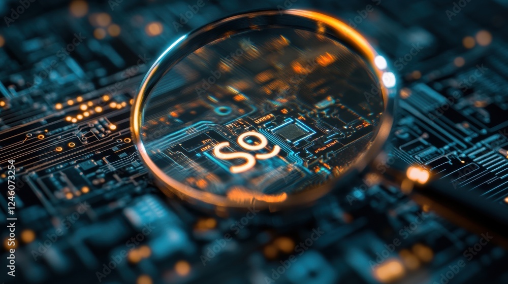 Poster magnifying glass focusing on seo text over circuit board representing digital marketing strategy and