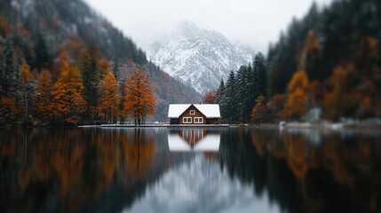 Obraz premium Autumnal lake house, snow-capped mountains, tranquil scene