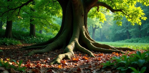 Towering oak tree roots spread wide across forest floor, nature scene, organic, wood