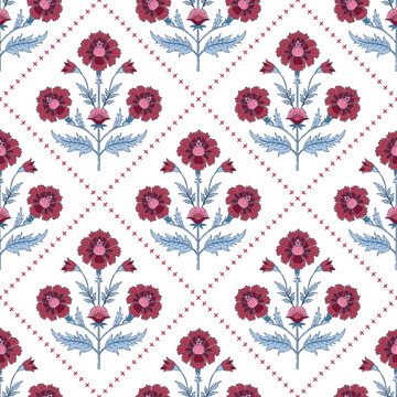 Indian ethnic hand block floral seamless pattern. Repeat design for textile, home furnishing, fashion, wallpaper, stationary etc. 