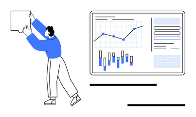 Person in blue sweater holding board next to digital display of graphs and charts. Line and bar graphs shown. Ideal for business presentations, data analysis, teamwork, project planning, financial