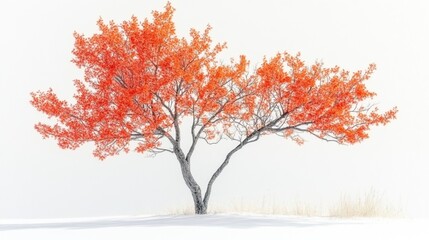 Fototapeta premium Vibrant Orange Tree in Winter Landscape with White Background