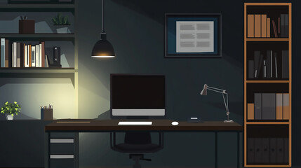A dimly lit office workspace with a computer, desk, and chair  Pixelated Lab with Glowing Computers and Open Floor for Copy Space