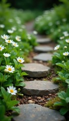 Tiny white flowers bloom among weathered stones, path, landscape
