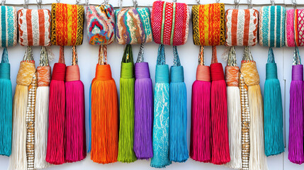 Colorful handmade tassels and woven textile decorations on display