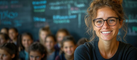 Fototapeta premium Smiling teacher engaging with students in a classroom filled with cheerful faces