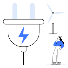Electric plug with a blue lightning bolt, a wind turbine, and a person thinking. Ideal for sustainability, renewable energy, innovation, electricity, clean energy, eco-friendly practices green