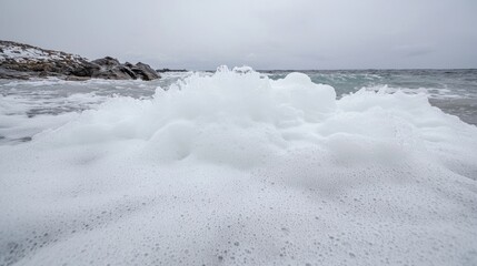 Seafoam pile on rocky beach, waves in background; nature photography