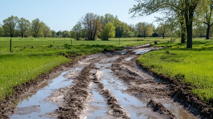 Fototapeta premium Muddy Country Road Through Lush Fields