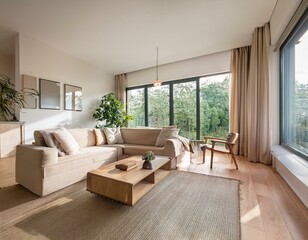 A bright, minimalist living room with large windows, natural wooden furniture, and soft textiles, creating a serene and inviting atmosphere with plenty of natural light.