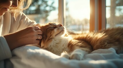 Fototapeta na wymiar A serene moment as a person lovingly pets a fluffy cat, bathed in soft sunlight streaming through a window, creating a warm and cozy atmosphere.