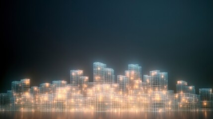 Glowing Digital Cityscape at Night Dark Background, Illuminated Buildings, Reflective Surface