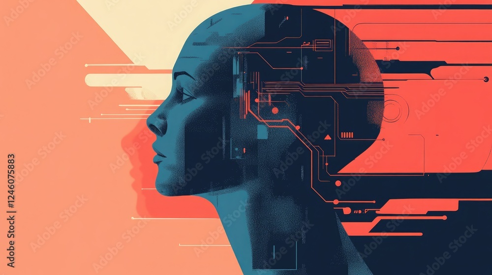 Poster Futuristic profile of a human-like figure with circuit patterns and a gradient background showcasing technology and design elements