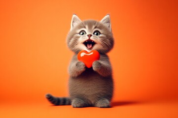 Norwegian forest - my beloved cat. Ad campaign concept artwork idea art. Cute norwegian forest feline infant with diamond red heart - symbol of love, funny greeting card. Kitten with heart.