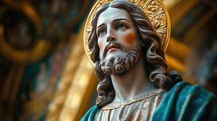 Fototapeta premium Statue of a religious figure in a beautiful church setting with ornate decorations