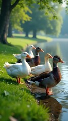 Fototapeta premium Serene waterfowl by a tranquil pond, enjoying a sun-drenched morning beside lush greenery