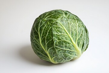 Fototapeta premium Fresh green cabbage head on white background showing beautiful leaf texture and detail