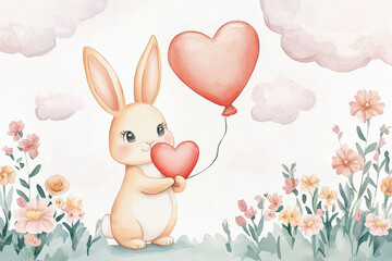 A cute rabbit holding a heart-shaped balloon amidst colorful flowers and soft clouds.