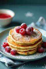 Snowflake-patterned napkin with red berries and powdered sugar on a stack of pancakes, powder, sweet, decorative