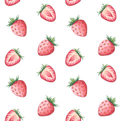 Seamless watercolor pattern with hand-painted strawberries. Bright and fresh design, ideal for textile, packaging, and creative projects