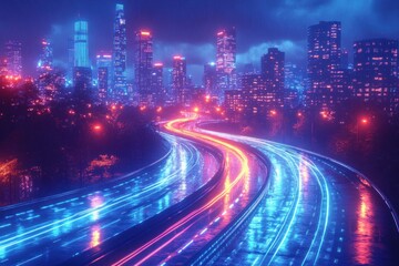 Fototapeta premium Futuristic Cityscape Night Highways Neon Lights Dynamic Motion Blur