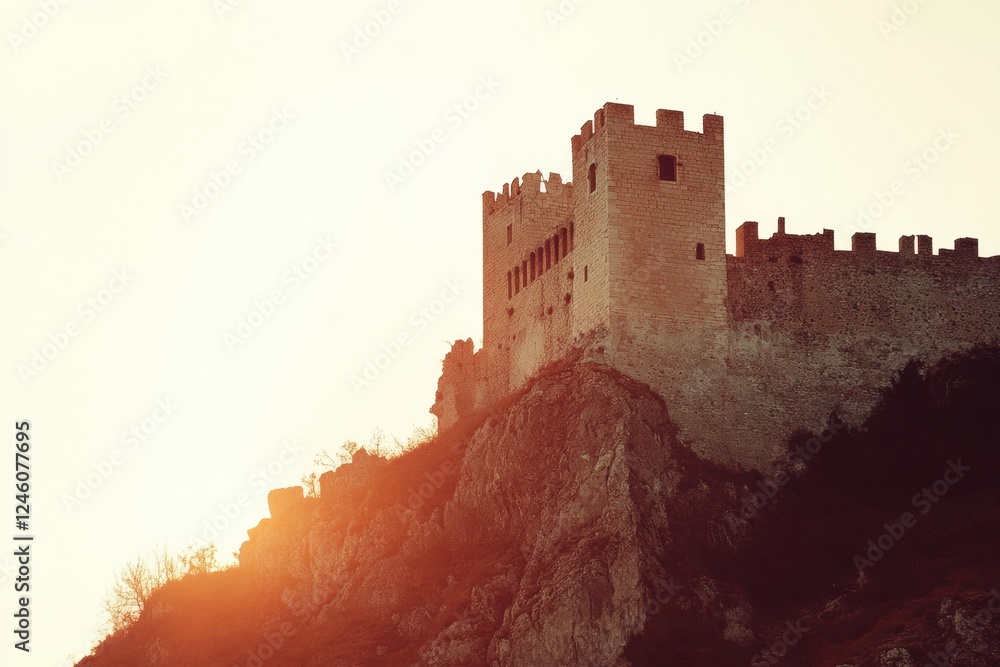 Poster minimalist view of an ancient castle atop a hill at sunset with ample space for custom text overlay.